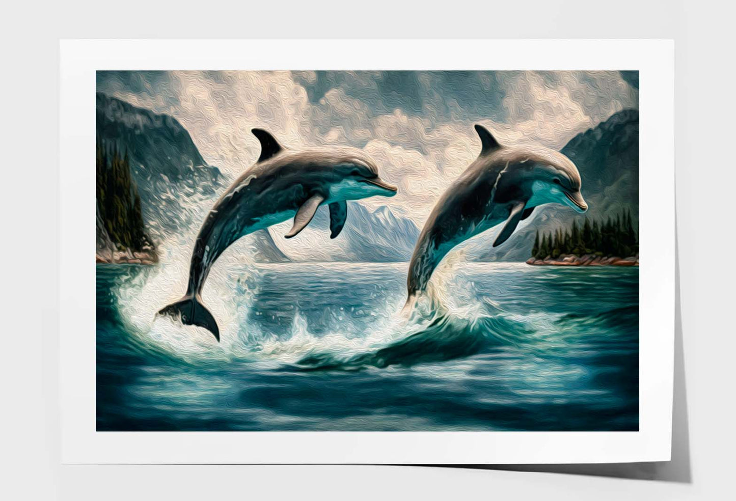 Couple Jumping Dolphins, Blue Sea and Sky Wall Art Limited Edition High Quality Print