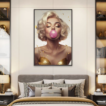 Trendy Woman Blowing Pink Bubble Gum Golden Accents Painting Fashion Home Decor Premium Quality Poster Print Choose Your Sizes