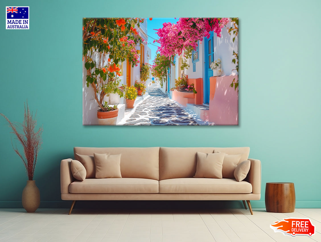 Beautiful Street with Flowers in Greece Print 100% Australian Made