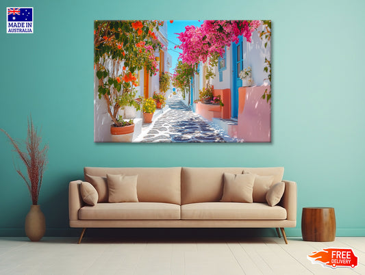 Beautiful Street with Flowers in Greece Print 100% Australian Made