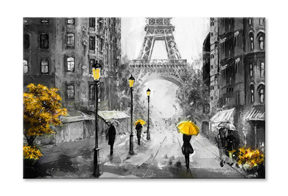 Eiffel Tower with People Under Yellow Umbrella & Tree Painting Wall Art Limited Edition High Quality Print Stretched Canvas None