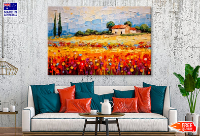 Colorful Flower Field near House & Cloudy Sky Painting Wall Art Limited Edition High Quality Print