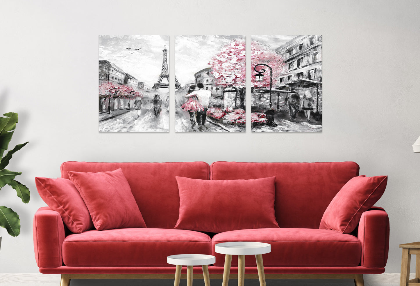 3pcs Eiffel Tower Pink Flower Tree Black and White Wall Art Set Canvas Framed 40x60cm - High Quality Print 100% Australian Made Wall Canvas Ready to Hang