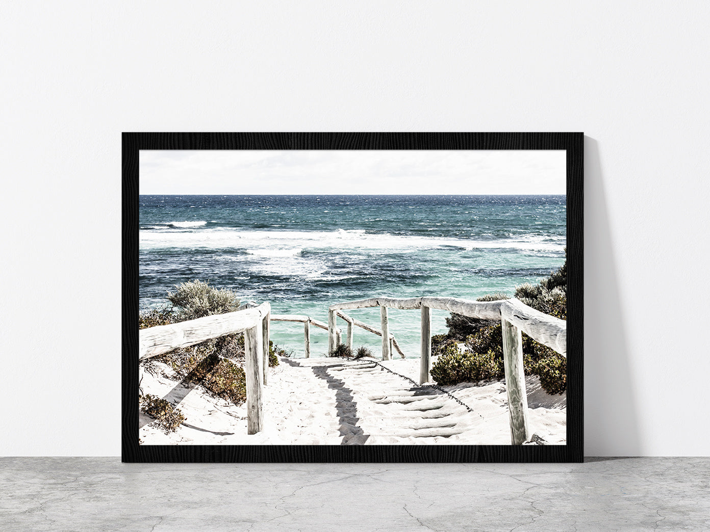 Fence Foot Path to Sea Faded Photograph Glass Framed Wall Art, Ready to Hang Quality Print Without White Border Black