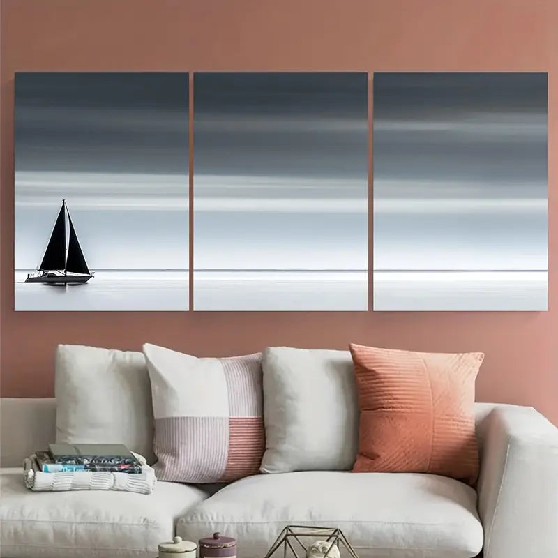 3pcs Minimalist Sailboat Nautical Metal Print Ready to Hang Art