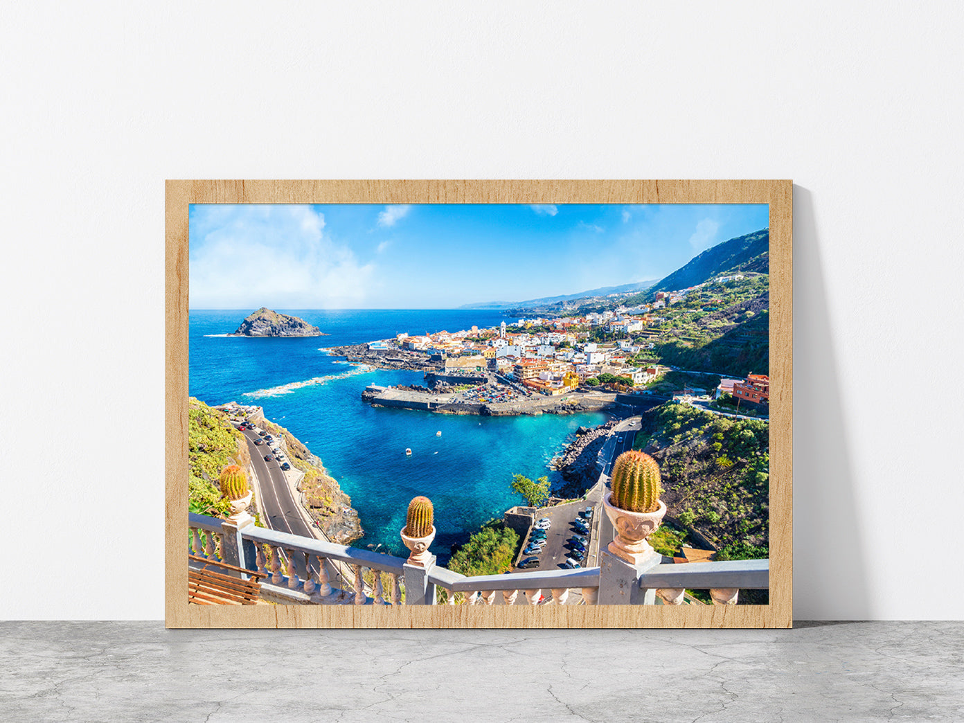 Garachico Town Of Tenerife Glass Framed Wall Art, Ready to Hang Quality Print Without White Border Oak