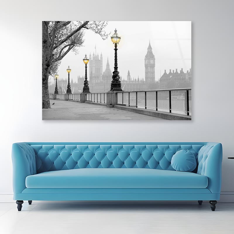 B&W Street Lights with City Acrylic Glass Print Tempered Glass Wall Art 100% Made in Australia Ready to Hang