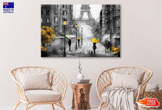 Eiffel Tower with People Under Yellow Umbrella & Tree Painting Wall Art Limited Edition High Quality Print