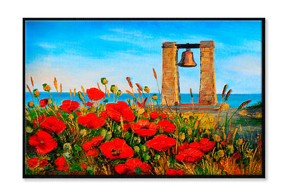 Poppies Near The Sea & Bell At Sunset Painting Wall Art Limited Edition High Quality Print Canvas Box Framed Black