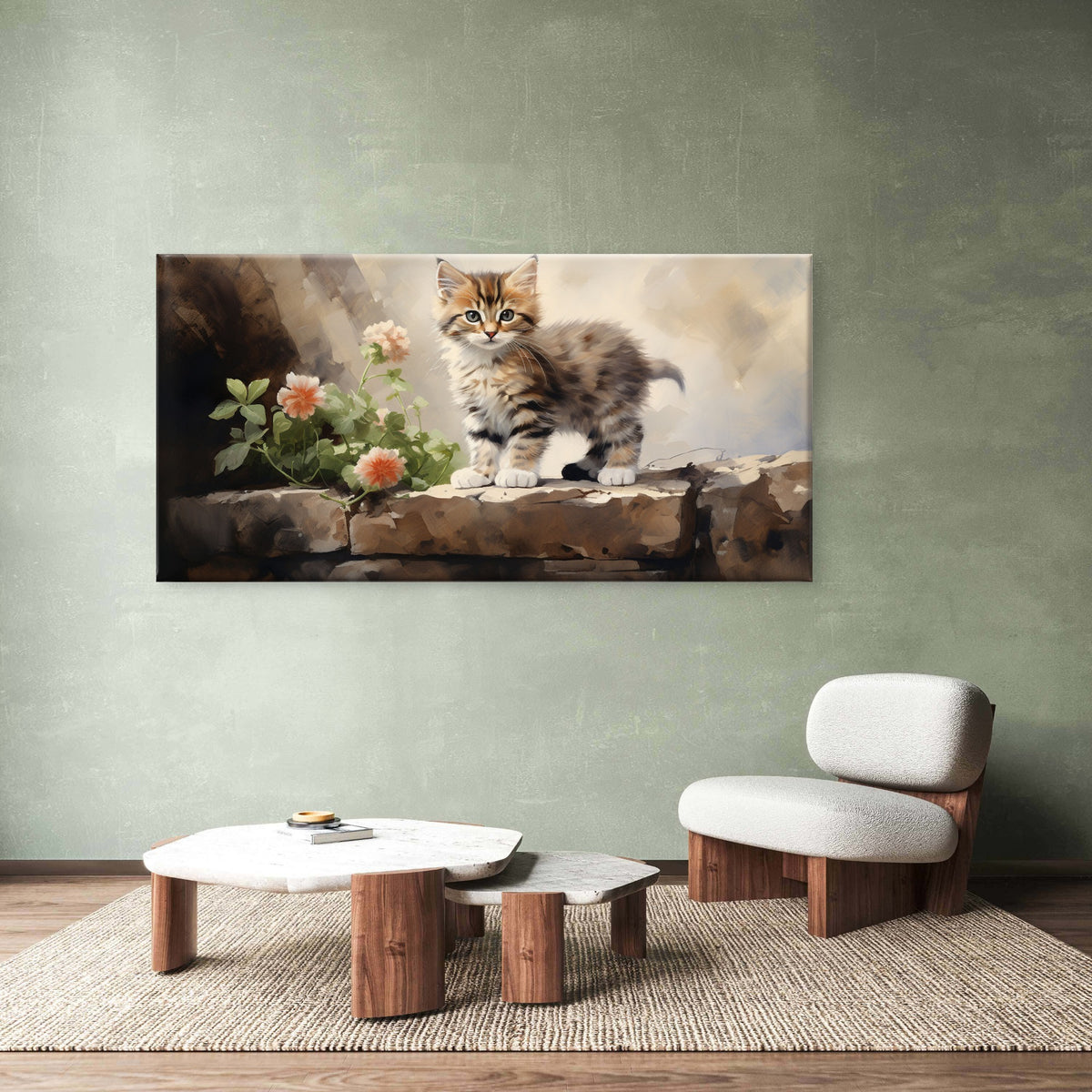 Fluffy Tabby Kitten Stone Wall Art Canvas Office Home Room Framed 120x60cm