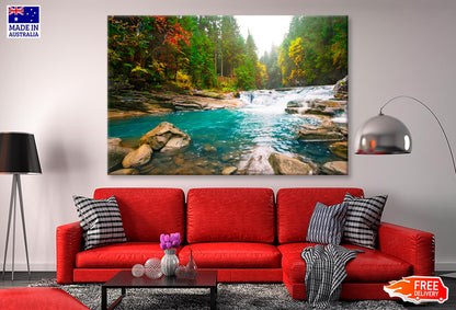 Waterfall On Mountain River in The Forest Wall Art Decor 100% Australian Made