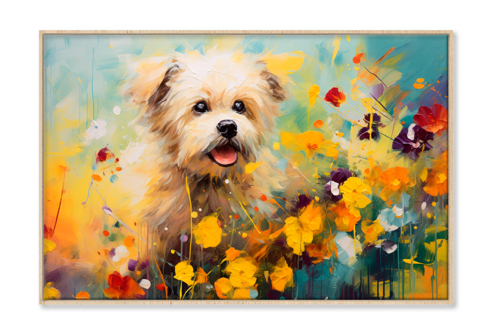 Dog In Flower Blossom Oil Painting Wall Art Limited Edition High Quality Print Canvas Box Framed Natural