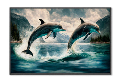 Couple Jumping Dolphins, Blue Sea and Sky Wall Art Limited Edition High Quality Print