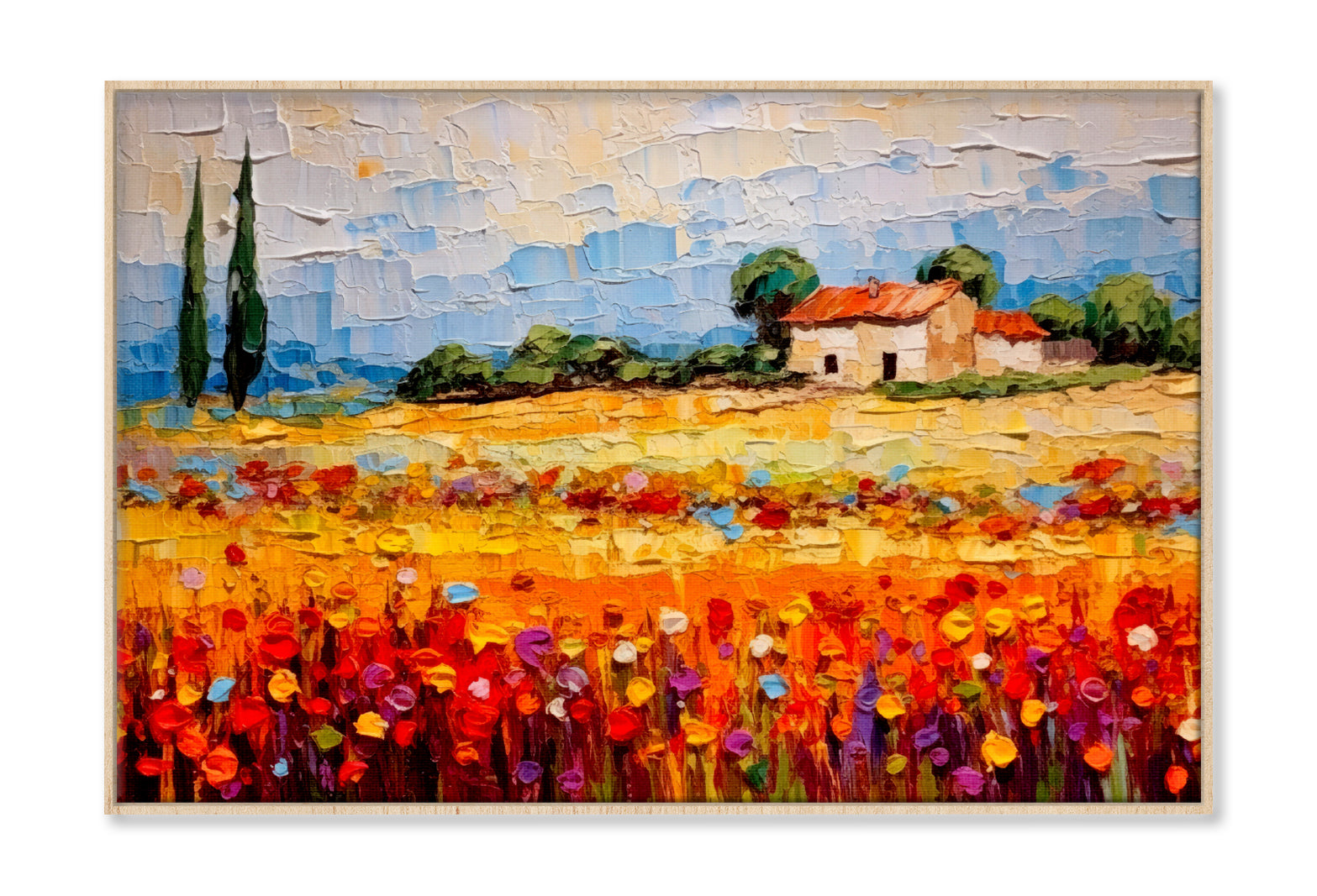 Colorful Flower Field near House & Cloudy Sky Painting Wall Art Limited Edition High Quality Print Canvas Box Framed Natural