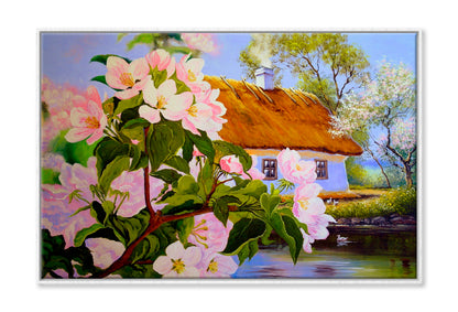 Spring Flowers With House Wall Art Limited Edition High Quality Print Canvas Box Framed White