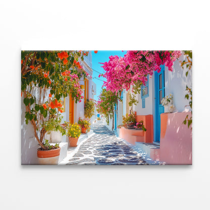Beautiful Street with Flowers in Greece Print 100% Australian Made