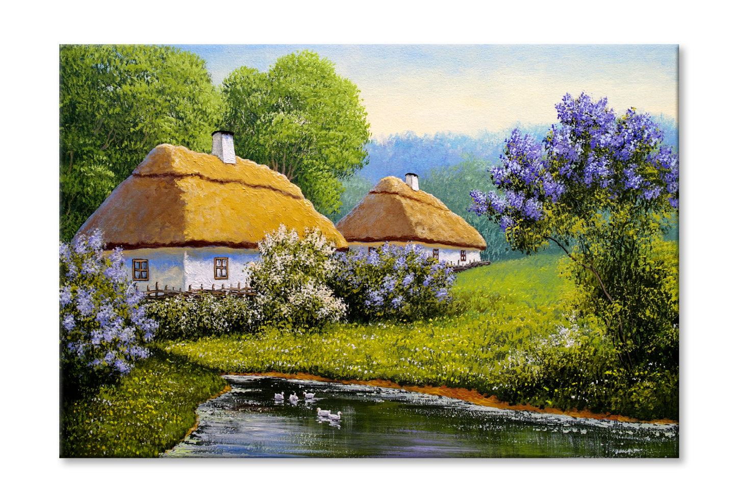 Old Village Houses & Trees near River Painting Wall Art Limited Edition High Quality Print Stretched Canvas None