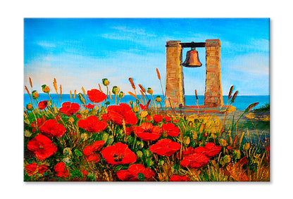 Poppies Near The Sea & Bell At Sunset Painting Wall Art Limited Edition High Quality Print Stretched Canvas None