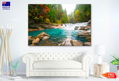 Waterfall On Mountain River in The Forest Wall Art Decor 100% Australian Made