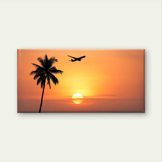 Tropical Airplane Sunset Palm Tree Sea Wall Art Canvas Office Home Framed 120x60cm
