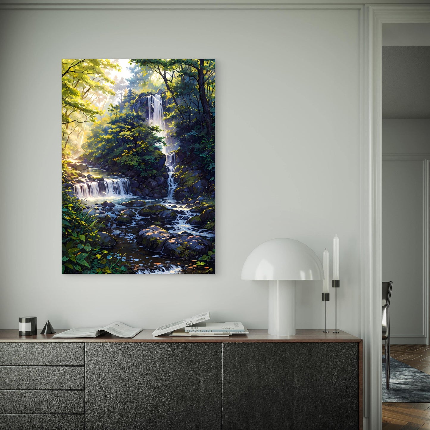 Tropical Forest Stream Waterfall 60x90cm Metal Print Ready to Hang
