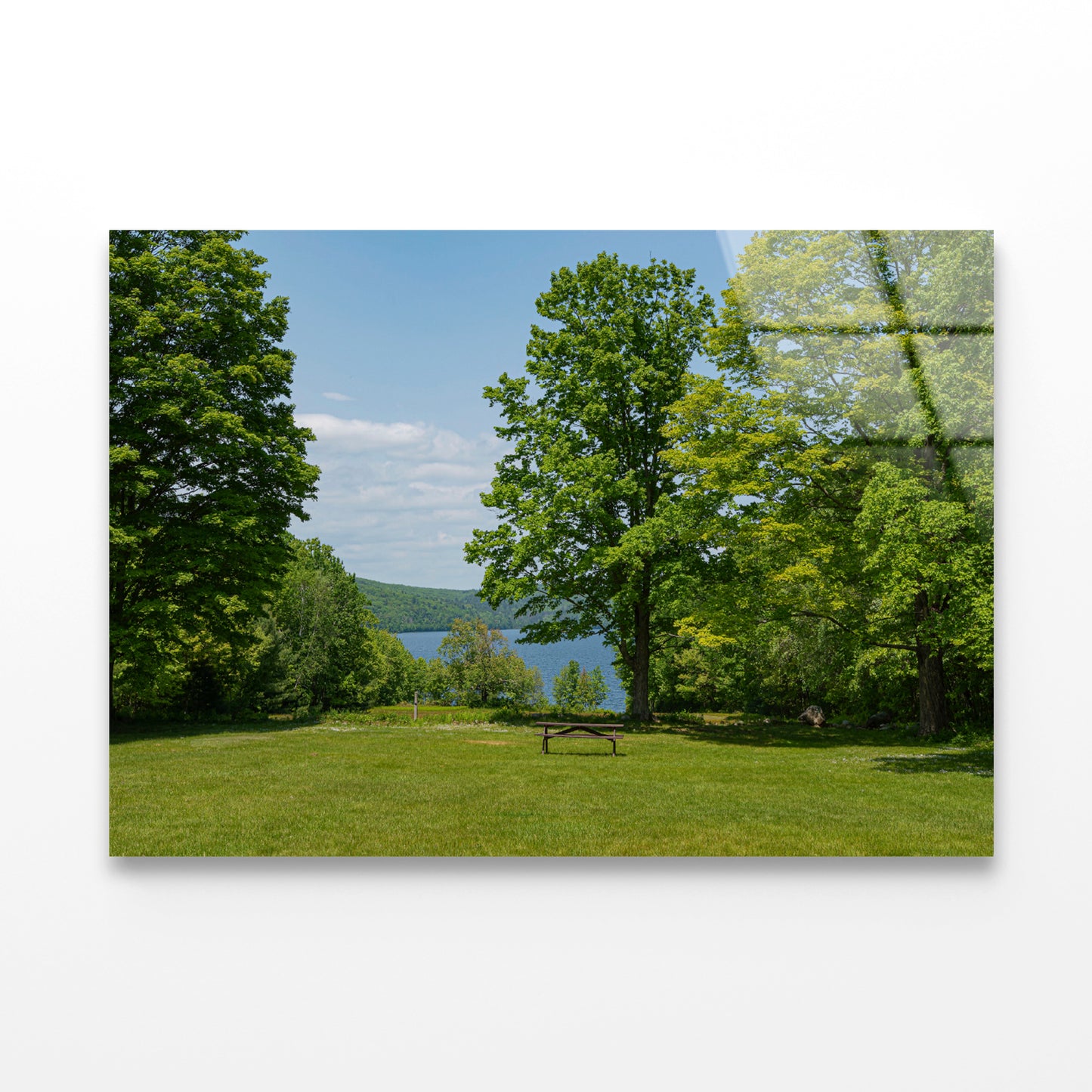 Picnic Table Located In Meadow with Lake Acrylic Glass Print Tempered Glass Wall Art 100% Made in Australia Ready to Hang