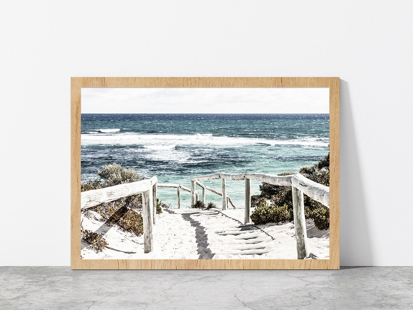 Fence Foot Path to Sea Faded Photograph Glass Framed Wall Art, Ready to Hang Quality Print Without White Border Oak