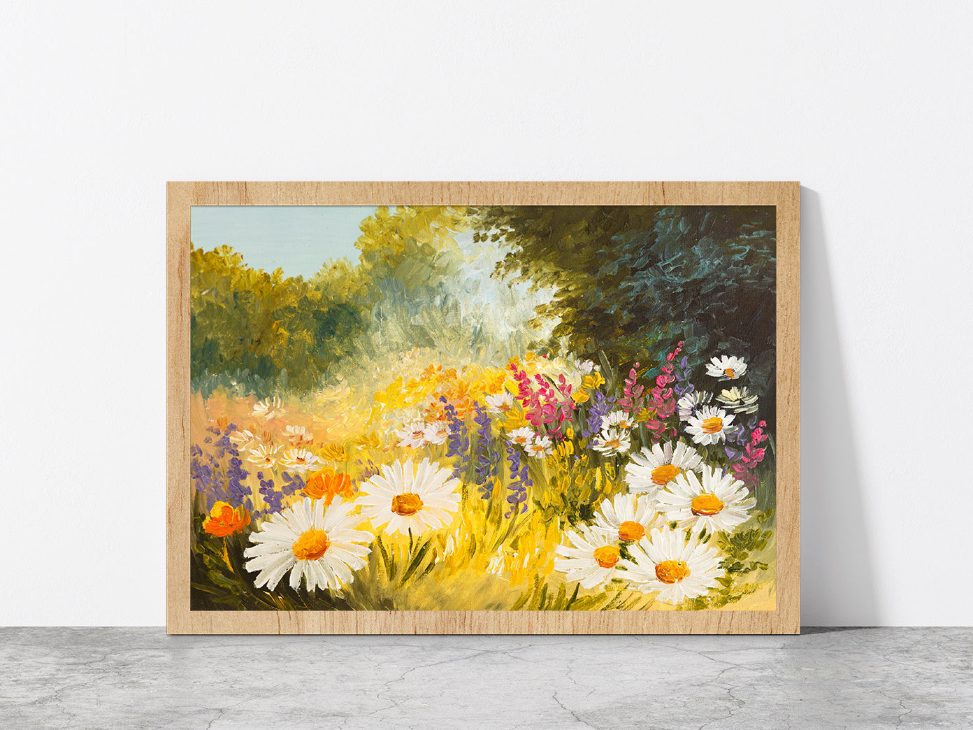 Field Of Daisies Green Forest Glass Framed Wall Art, Ready to Hang Quality Print Without White Border Oak