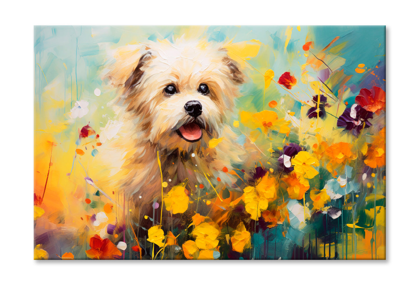 Dog In Flower Blossom Oil Painting Wall Art Limited Edition High Quality Print Stretched Canvas None