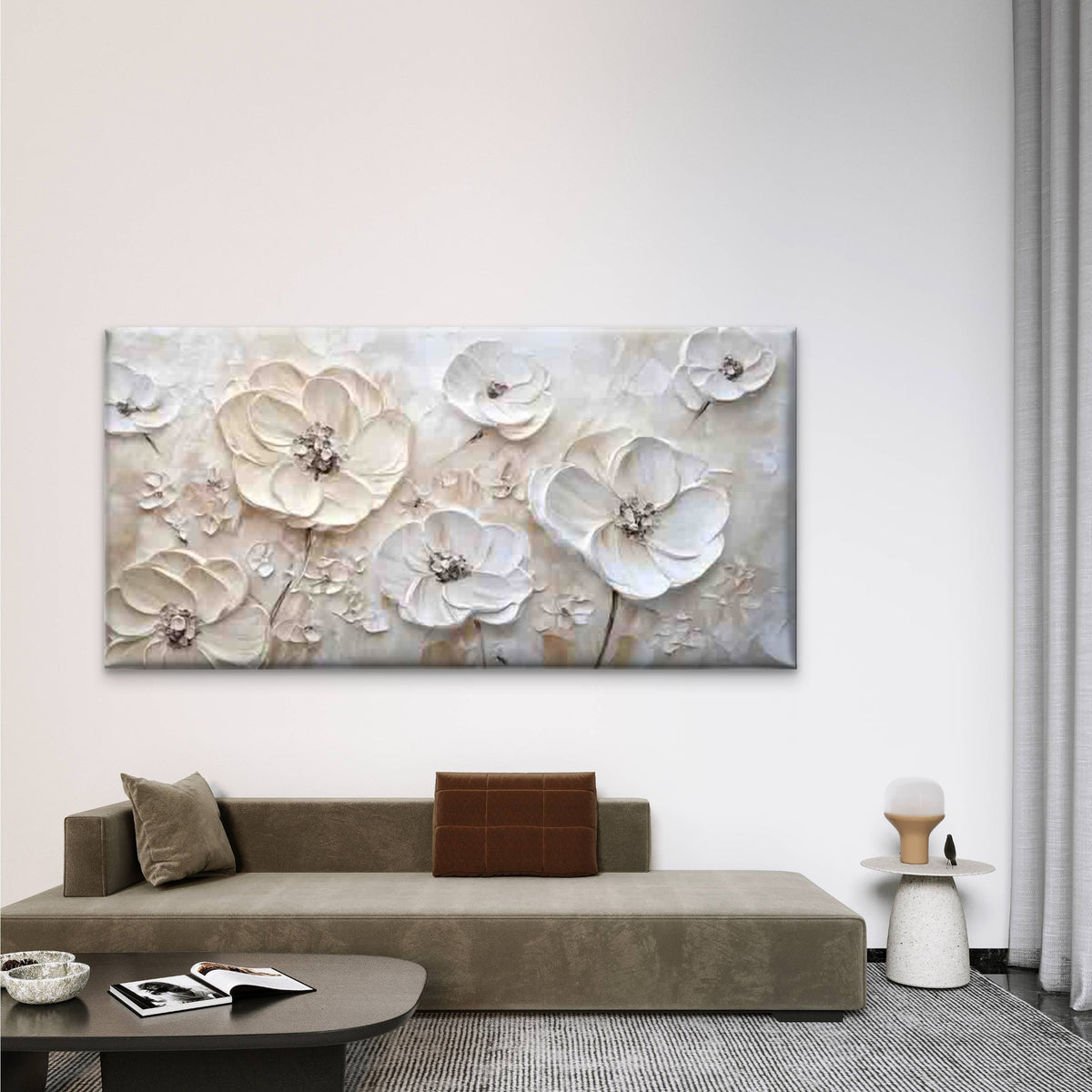 Beige White Floral Wall Art Canvas Office Home Room Framed 120x60cm