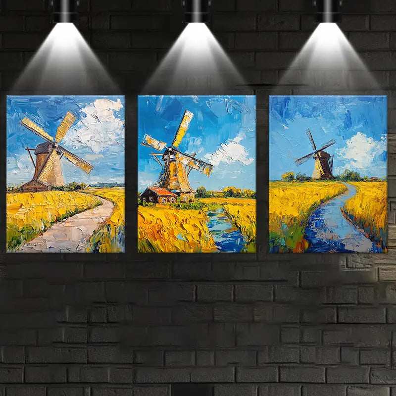 3pcs Windmill Rustic Countryside Oil Painting Metal Print Ready to Hang Art