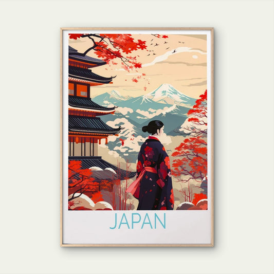 Japan, Japanese Women in Kimono & Sakura Travel Poster Print Wall Art