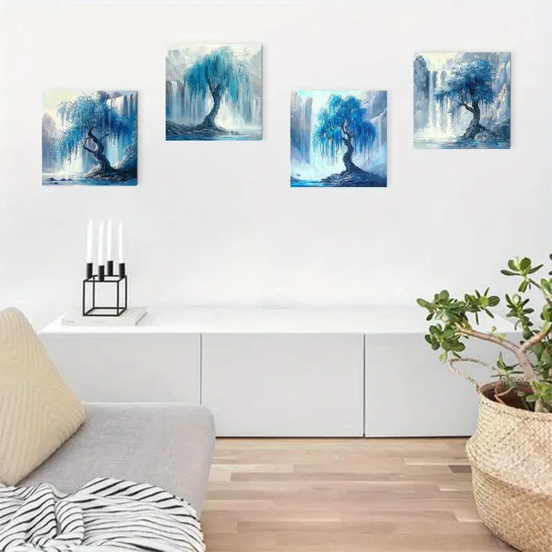 4pcs Abstract Turquoise Tree & Waterfall  Wall Art Canvas Framed