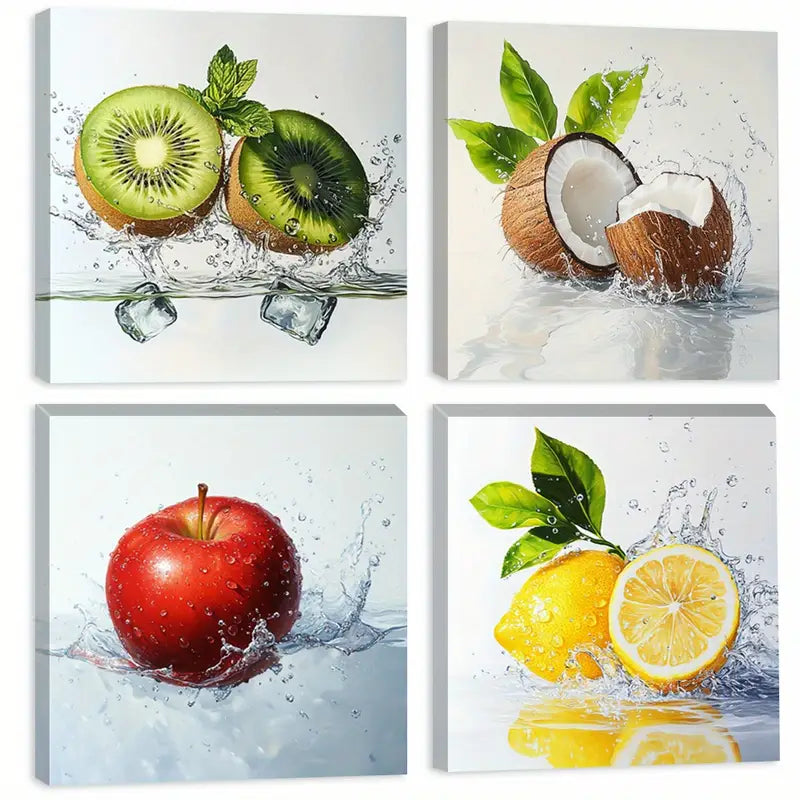 4pcs Fruit Apple Lemon Cocunuts In Water Wall Art Canvas Framed