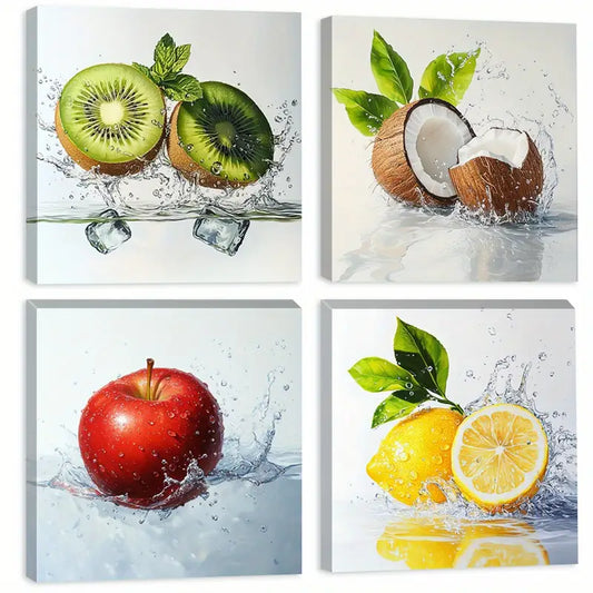 4pcs Fruit Apple Lemon Cocunuts In Water Wall Art Canvas Framed