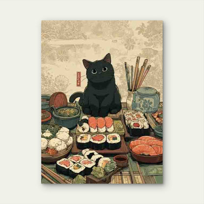 Black Cat & Sushi Rolls 60x90cm Metal Print Ready to Hang