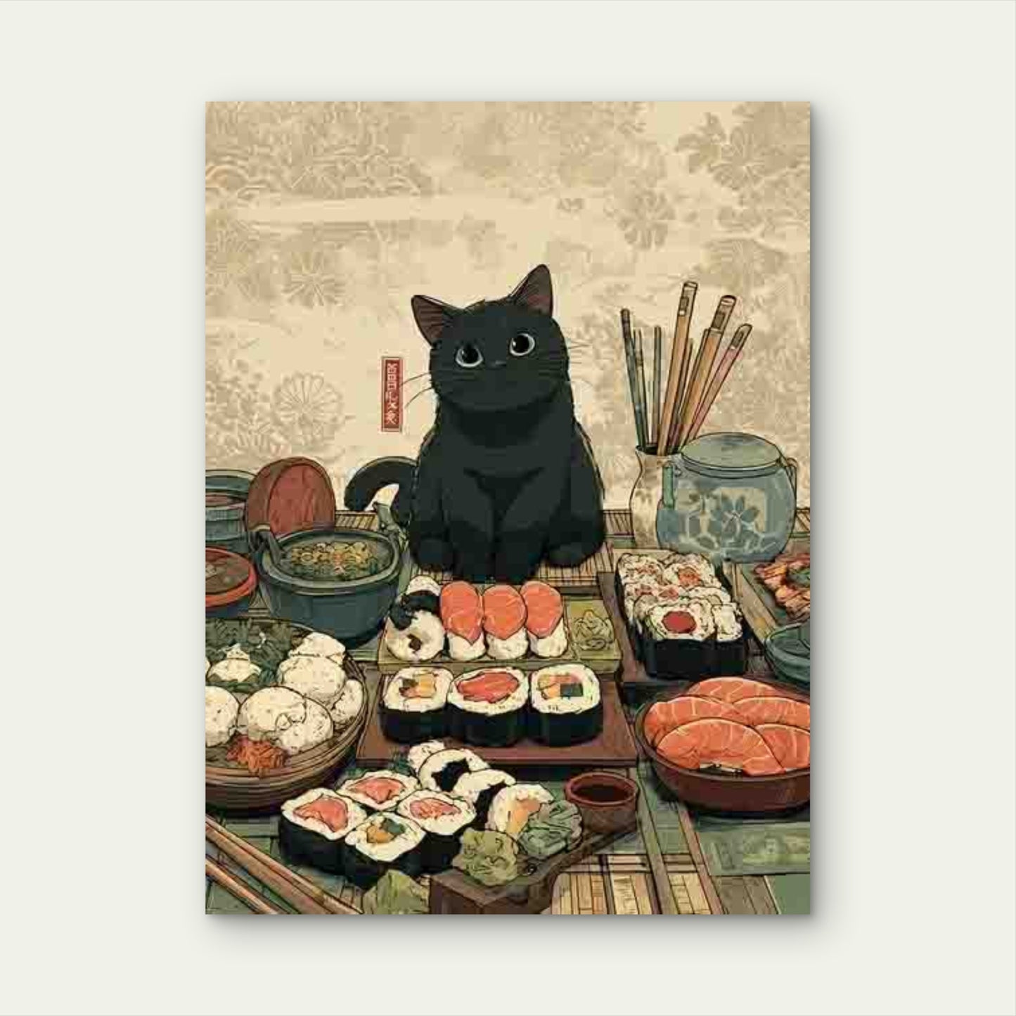 Black Cat & Sushi Rolls Metal Print Ready to Hang