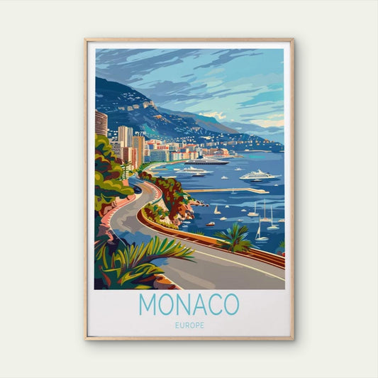 Monaco Europe, Beach & Yacht in Sea Art Travel Poster Print Wall Art
