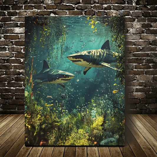 Steampunk Shark Scene With Mystical Aura 40x60cm Metal Print Ready to Hang