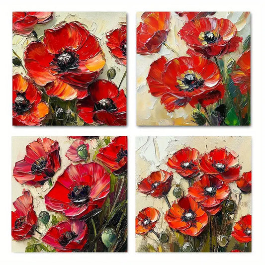 4pcs Red Poppy Featuring Lush Green RP  Wall Art Canvas Framed