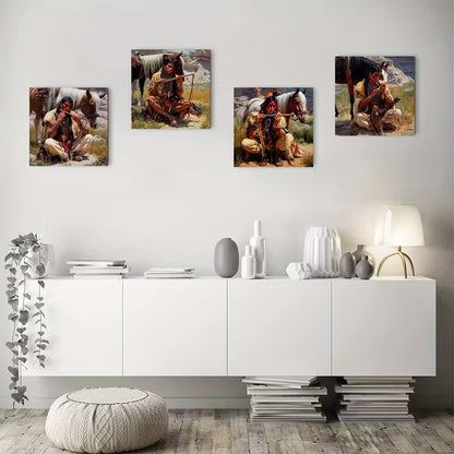 4pcs Featuring Traditional Attire & Horse Wall Art Canvas Framed
