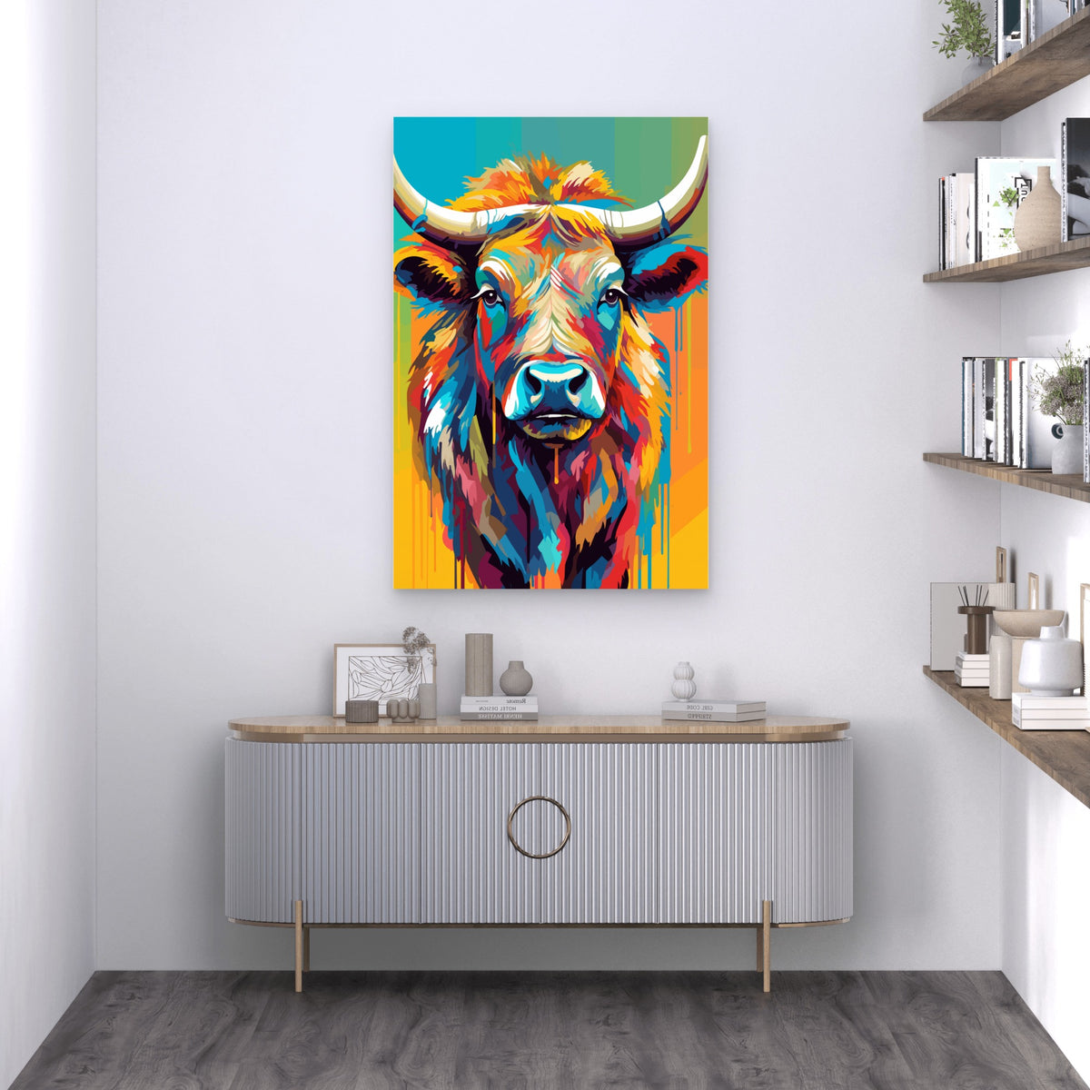 Colorful Highland Cow Bull Portrait 60x90cm Metal Print Ready to Hang