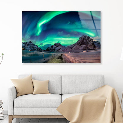 Northern Lights Explosion on Snowy Mountain Range Acrylic Glass Print Tempered Glass Wall Art 100% Made in Australia Ready to Hang