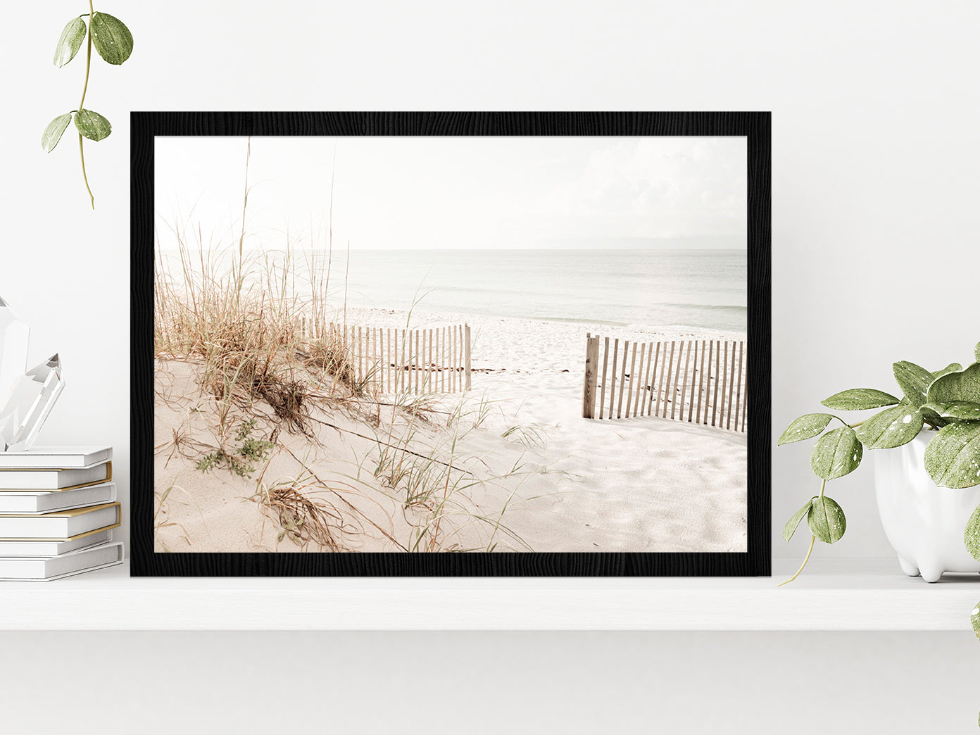 Fence Sea Grass Shore Faded View Photograph Glass Framed Wall Art, Ready to Hang Quality Print Without White Border Black