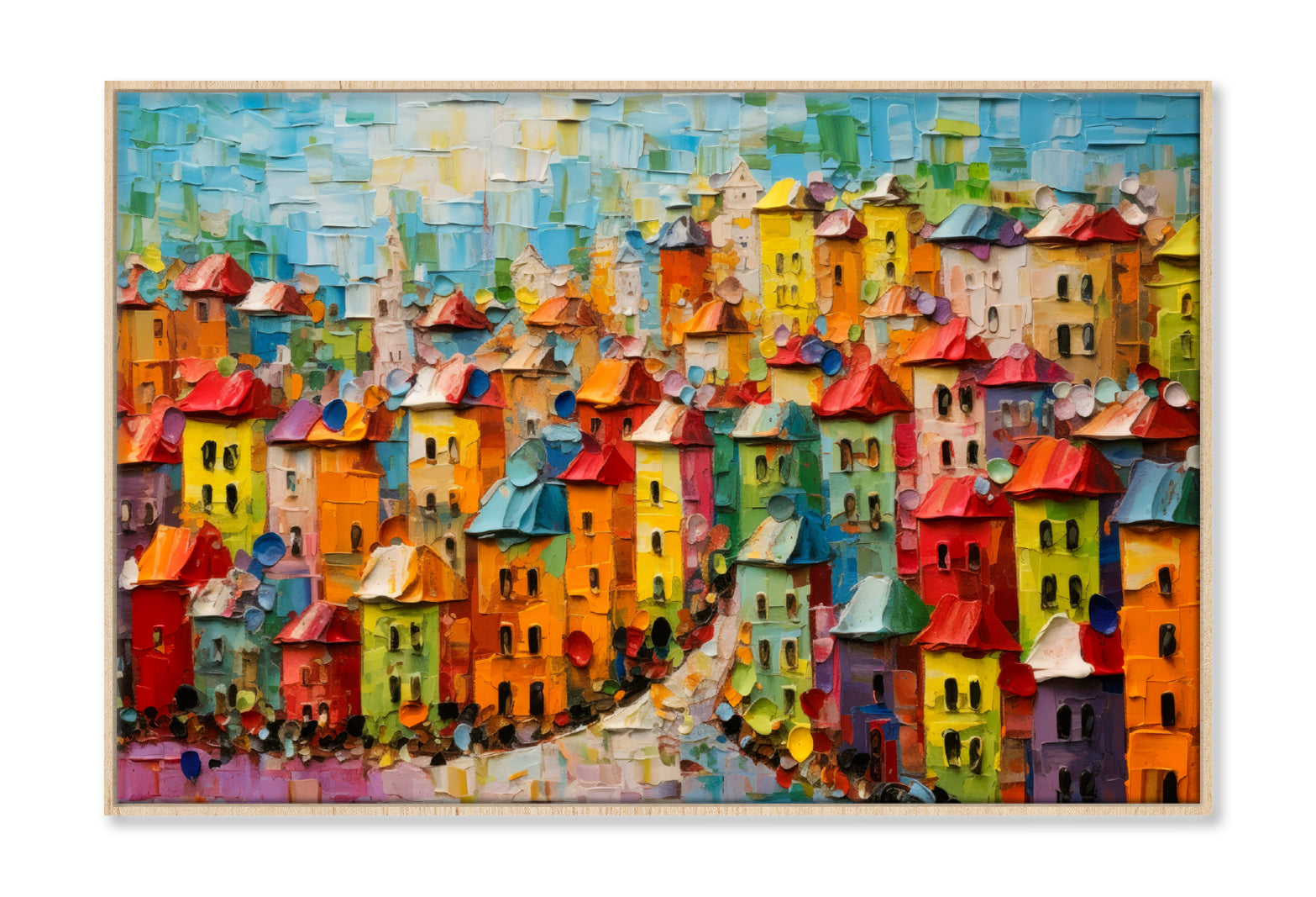 Colorful City Houses Oil Painting Wall Art Limited Edition High Quality Print Canvas Box Framed Natural