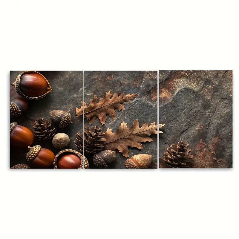 3pcs Rustic Acorn and Pinecone Nature Metal Print Ready to Hang Art