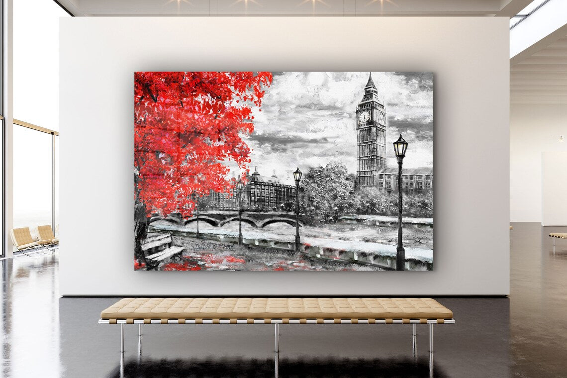 Red Tree Big Ben Tower UV Direct Aluminum Print Australian Made Quality