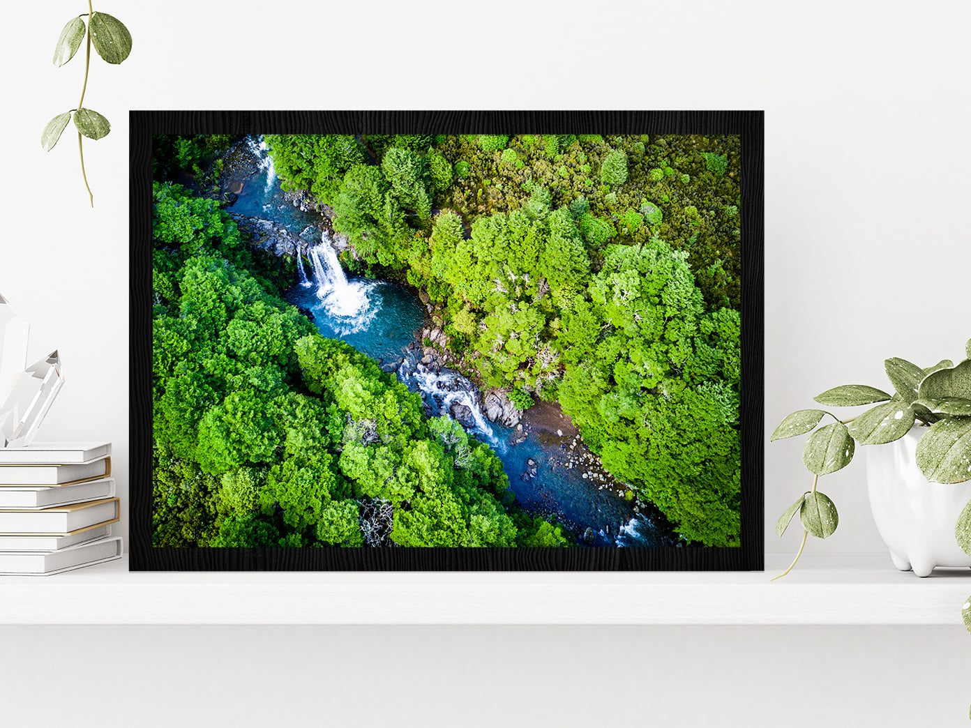 Tawhai Falls In Tongariro Park Glass Framed Wall Art, Ready to Hang Quality Print Without White Border Black