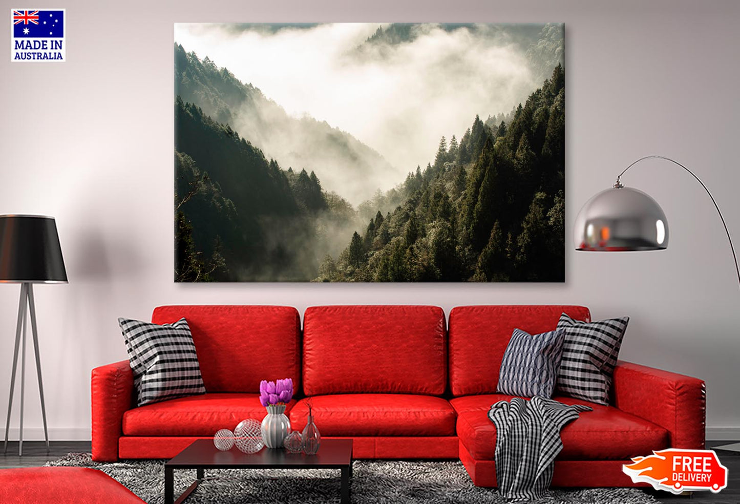 Fog In Forest, Early Morning Scene in Mountain  Wall Art Decor 100% Australian Made