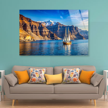 Sailboat Sailing In the Sea, Mountains in Greece Acrylic Glass Print Tempered Glass Wall Art 100% Made in Australia Ready to Hang